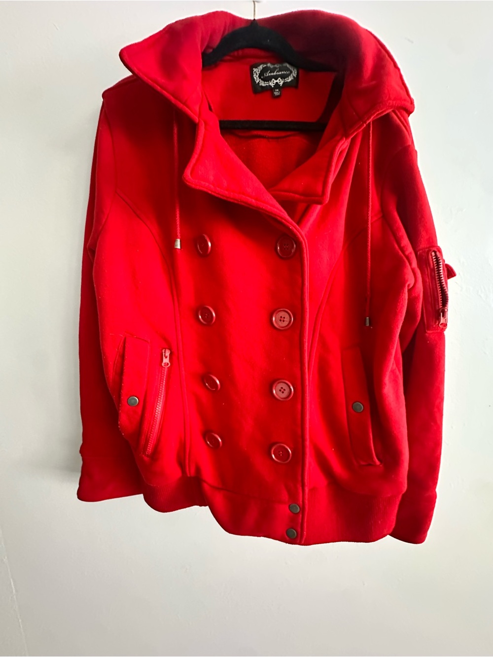 Vibrant Red Double-Breasted Hooded Pea Coat